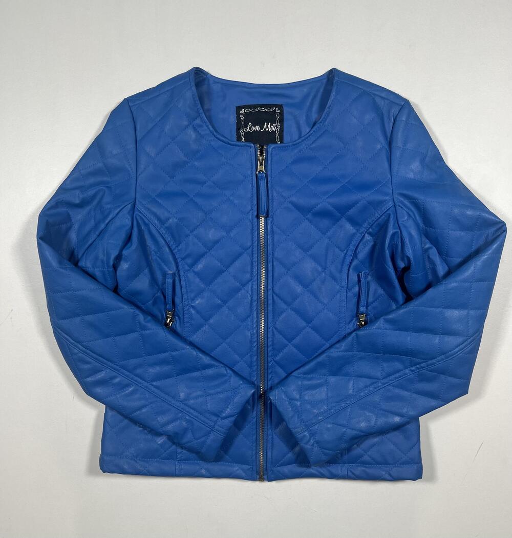 Love Moi Jacket Womens Small Blue Quilted Faux Leather Full Zip Collarless Lined